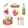 Picnic basket with food, drink and cuttlery Royalty Free Stock Photo