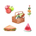 Picnic basket, fruits, sandwich and snack Royalty Free Stock Photo