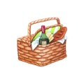 Picnic basket with wine bottle, bread and napkins