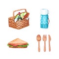 Picnic basket, thermos, sandwich and cutlery Royalty Free Stock Photo