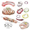 Hand-drawn watercolor collection of the barbecue