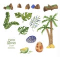 Hand drawn watercolor collection of dino world elements: Grass, leaf, stone, wood, plant, tree, eggs