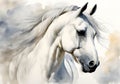 Watercolor illustration of white horse head on white and brown background. Royalty Free Stock Photo