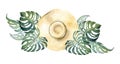 Hand drawn watercolor composition. Straw sun hat, exotic hibiscus flower, monstera leaves. Isolated on white background
