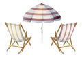 Hand drawn watercolor composition. Striped beach accessories, umbrellas and chairs. Isolated on white background. Design Royalty Free Stock Photo