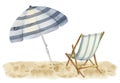 Hand drawn watercolor composition. Striped beach accessories, umbrellas and chairs on sand. Isolated on white background Royalty Free Stock Photo