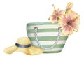 Hand drawn watercolor composition. Striped beach bag, straw sun hat, exotic hibiscus flower Isolated on white background