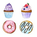 Hand drawn watercolor cupcake and donuts card