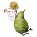 Hand drawn watercolor cute avocado character playing basketball game with ball and hoop. Fitness health. Illustration