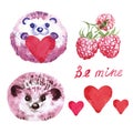 Hand drawn watercolor cute hedgehogs with hearts and raspberries isolated on white background