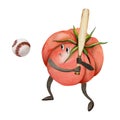 Hand drawn watercolor cute tomato character playing baseball game with bat and ball. Fitness health. Illustration