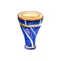 Hand drawn watercolor darbuka in deep blue and purple colors.