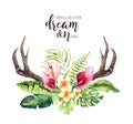 Hand drawn watercolor deer horns with tropical flower bouquets. Exotic palm leaves, jungle tree, brazil tropic botany Royalty Free Stock Photo