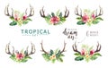 Hand drawn watercolor deer horns with tropical flower bouquets. Exotic palm leaves, jungle tree, brazil tropic botany Royalty Free Stock Photo