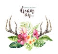 Hand drawn watercolor deer horns with tropical flower bouquets. Exotic palm leaves, jungle tree, brazil tropic botany Royalty Free Stock Photo