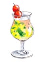 Hand drawn watercolor drink. Glass with cocktail Mojito