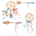 Hand drawn watercolor ethnic illustration with American Indians dreamcatcher and arrows Royalty Free Stock Photo