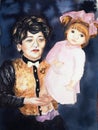Hand drawn watercolor family portrait of granny and grand-daughter wearing pink dress and bows.Watercolour picture of