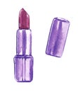 Watercolor fashion illustration - lipstick cosmetics in purple pink color.