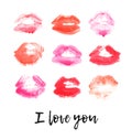 Hand drawn watercolor fashion illustration lipstick kiss. Female card with red lips and text