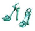 Watercolor fashion illustration of party shoes on high heels in turquoise color Royalty Free Stock Photo
