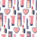 Hand drawn watercolor fashion seamless pattern with cosmetic. lipstick, mascara