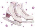 Hand drawn watercolor figure skating boots pair, crystal rhinestones, winter sports footwear. Illustration isolated on