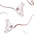 Hand drawn watercolor figure skating boots, winter sports gear, ice trail swirl glitter. Illustration isolated seamless