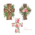 Hand drawn watercolor floral cross. Religious decorative wreath with spring flowers, green foliage, isolated on white background. Royalty Free Stock Photo