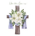 Hand drawn watercolor floral cross and white lily arrangement. Religious decorative wreath with spring flowers, green foliage