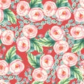 Hand drawn watercolor floral seamless pattern with tender pink roses in on the red background