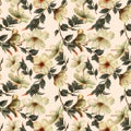 Hand-drawn watercolor floral seamless pattern with the tender white hibiscus flowers