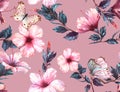Hand-drawn watercolor floral seamless pattern with the tender white and pink hibiscus flowers and butterflies Royalty Free Stock Photo