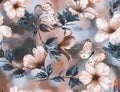 Hand-drawn watercolor floral seamless pattern with the tender white and pink hibiscus flowers and butterflies Royalty Free Stock Photo