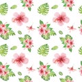 Watercolor floral tropical seamless pattern with green monstera leaves and pink hibiscus flowers on white Royalty Free Stock Photo