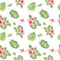 Watercolor floral tropical seamless pattern with green monstera leaves and pink hibiscus flowers on white Royalty Free Stock Photo