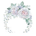 Watercolor Delicate Floral Wreath with White Roses Royalty Free Stock Photo