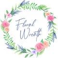 Hand drawn watercolor floral wreath with leaves. Round frame with flowers