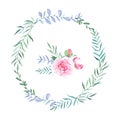 Hand drawn watercolor floral wreath with leaves. Round frame with peony and roses flowers,