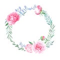 Hand drawn watercolor floral wreath with leaves. Round frame with peony and roses flowers