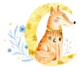 Hand drawn watercolor Fox illustration for kids. Bohemian illustrations with animals, stars, magic and runes. Royalty Free Stock Photo