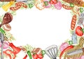 Hand drawn watercolor frame of various objects for picnic, summer eating out and barbecue - meat, vegetables and sauces Royalty Free Stock Photo