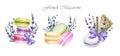 Hand drawn watercolor french macaron cakes composition with lavender flowers, waffle and purple bow, french pastry