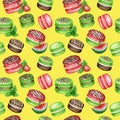 Hand drawn watercolor french macaron cakes seamless pattern. Chocolate, Vanilla, fruit Pastry dessert on yellow