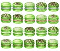Hand drawn watercolor french macaron cakes set. Green fruit Pastry dessert Isolated on white background colorful mint