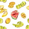 Hand-drawn watercolor fruits. Seamless pattern for design of fabric, paper.