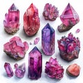 Hand drawn watercolor gemstones. Abstract purple jewel stones, magic amethyst crystals, watercolor prismatic glass stones