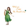 Hand-drawn watercolor girl in a green dress with a harp. Character for St. Patrick`s day. Isolated on white background