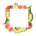 Hand drawn watercolor green avocado, tomato vegetable diet healthy lifestyle, vegan cooking. Illustration square border