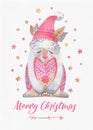 Hand drawn watercolor greeting card template with a sleepy cozy brownie.